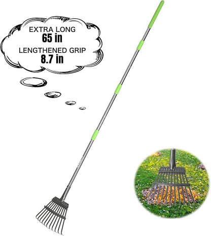 Joyhalo Small Leaf Rake, 8.5 Inch Wide Head with 11 Tines, Metal Garden Rake with Adjustable Handle 38.5 to 65 Inch for Gardening, Leaves, Weeds, Debris