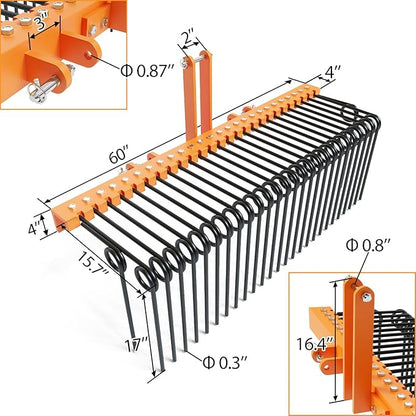 60 Inch 3 Point Tractor Rake, Pine Straw Needle Rake, Durable Powder Coated Steel Spring Landscape Rakes Fit for Cat0, Cat1, Orange
