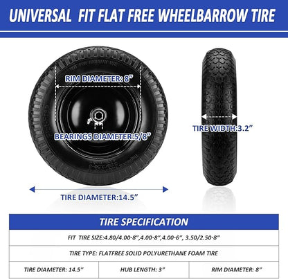 4.80/4.00-8" Flat Free Wheelbarrow Tire, 14.5" Wheel Size, 5/8" Axle Bore, 3" Center Hub, 3/4" Bearings, Universal Replacement Solid Tire for Hand Truck/Cart (Black)