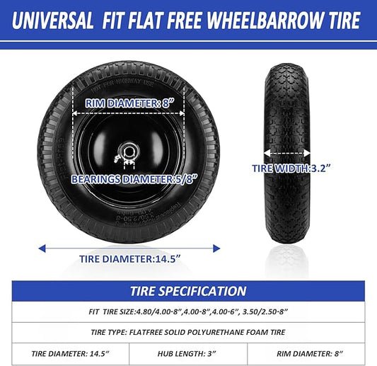 4.80/4.00-8" Flat Free Tire and Wheel 14.5" Wheelbarrow Tire,with 5/8" Axle Bore Hole,3"Center Hub and 3/4" Bearings,Universal Replacement Solid Tire for Hand Truck/Utility Cart/Garden Cart