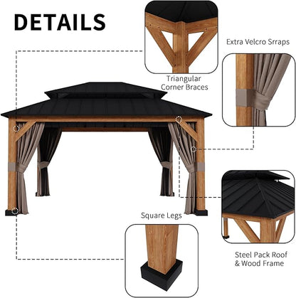 13' x 15' Double Hardtop Gazebo - Outdoor Thermal Transfer Wood-Looking Aluminum Gazebo with Double Hardtop, Privacy Curtains and Mosquito Nettings Included, for Patio, Garden, Backyard