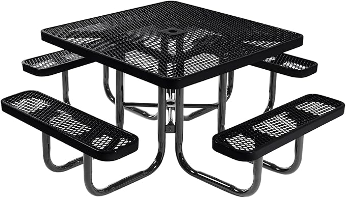 Coated Outdoor Furniture Heavy-Duty Portable Outdoor Picnic Table with Umbrella Hole, Expanded Metal Commercial-Grade Patio Dining Furniture Made in America (46" Square Top, Black)