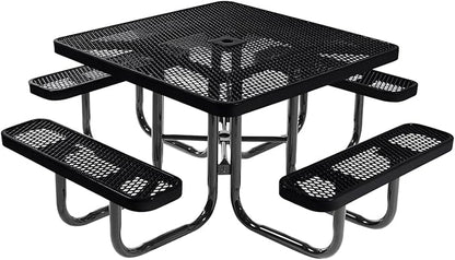 Coated Outdoor Furniture Heavy-Duty Portable Outdoor Picnic Table with Umbrella Hole, Expanded Metal Commercial-Grade Patio Dining Furniture Made in America (46" Square Top, Black)
