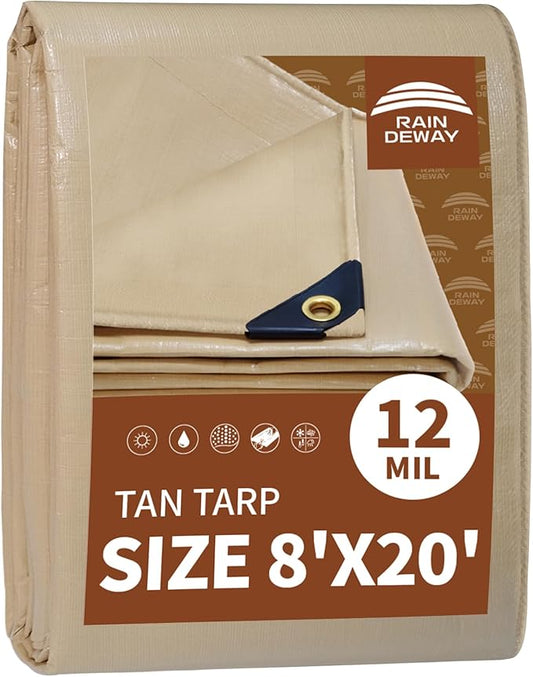 RAINDEWAY 8x20 Feet Heavy Duty Tarp,12 Mil Tan Waterproof Poly Tarp Cover,UV Resistant,Weatherproof,Durable,Multipurpose Tarps with Grommets and Reinforced Edges