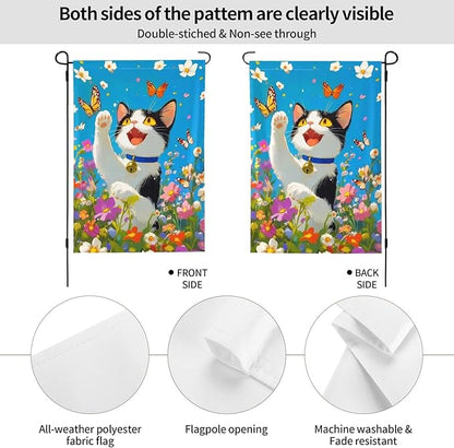 Cat Flower Garden Flag Vertical Double Sided Outdoor Yard Flags 12.5x18 Inch Burlap Banners for House Lawn
