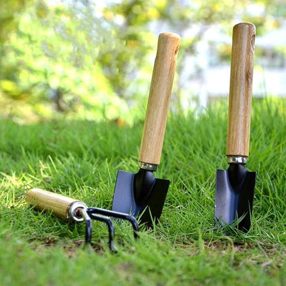 3 Pcs Mini Garden Tools Set Small Tiny Shovel Trowel and Hand Rake with Solid Wood Handle Indoor Gardening Tools for Pot Plants Succulent Bonsai