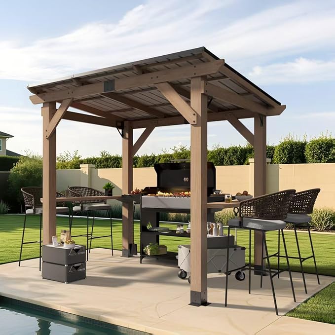 8x6 FT Wood Grill Gazebos, BBQ Wooden Gazebo with Hardtop Sloping Steel Roof, Wood Outdoor Pavilion with 2 Side Storage Shelves,Cedar Frame Patio Gazebo for Barbecue, Garden, Deck (Grey)