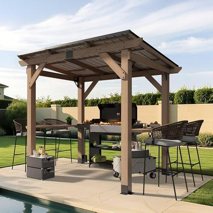 8x6 FT Wood Grill Gazebos, BBQ Wooden Gazebo with Hardtop Sloping Steel Roof, Wood Outdoor Pavilion with 2 Side Storage Shelves,Cedar Frame Patio Gazebo for Barbecue, Garden, Deck (Grey)