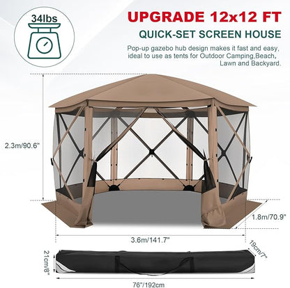 COBlZl Pop Up Gazebo 12x12 Screen House Tent for Camping, Outdoor Instant Stargazing Gazebo Canopy with Awning 2.0, Portable Hub Tent with Mosquito Netting, Pavilion for Backyard,Khaki