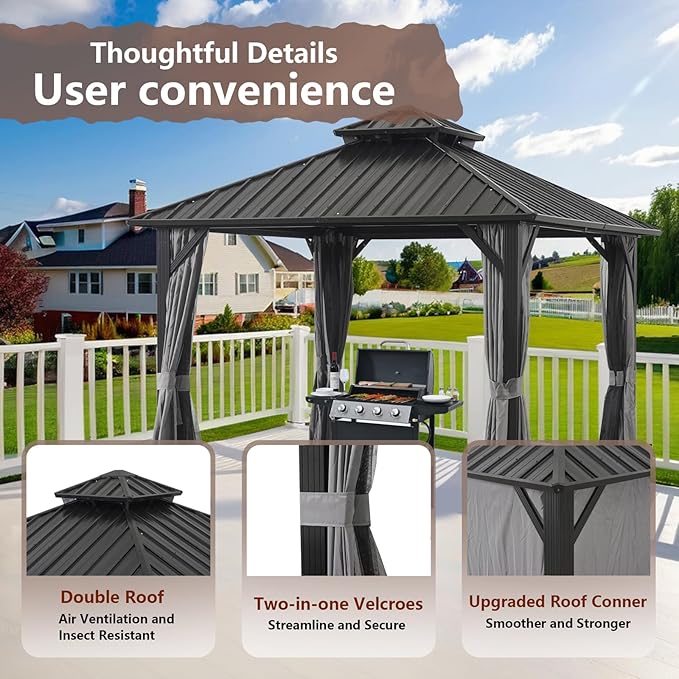 Endark 10x10FT Hardtop Gazebo with Double Roof, Aluminum Frame Outdoor Pavilion with Netting and Curtains for Patio, Backyard, Lawn