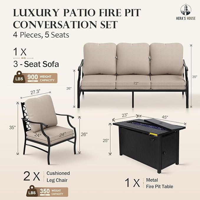 HERA'S HOUSE 4 Pieces Patio Fire Pit Furniture Set, 2 x Single Chair, 3-Seat Sofa with 45" Fire Pit Table, Outdoor Conversation Set for Garden, Poolside, Backyard