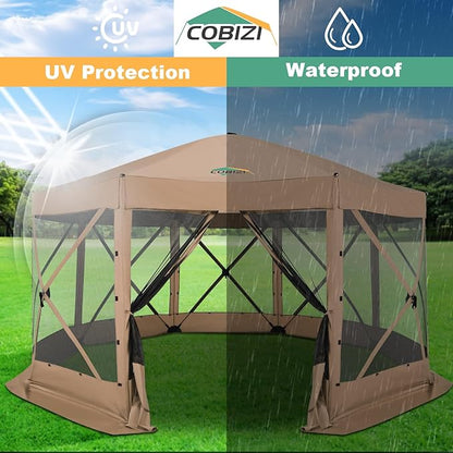 COBIZI 15x15ft Extra Large Pop Up Gazebo Canopy Tent with Mosquito Netting, Spacious Easy Set Up Screened Shelter, Durable Outdoor Pavilion with Ground Stakes, Perfect for Patio, Backyard,Khaki
