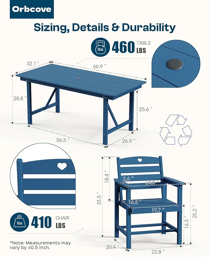 Patio Table and Chairs Set with Umbrella Hole, HDPE Patio Dining Set for 6, Outdoor Dining Set for Lawn, Patio, Porch, Deck, Poolside, Yard (Classic Blue, 7-Piece)