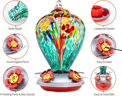 Muse Garden Hummingbird Feeders for Outdoors Hanging, Blown Glass Hummingbird Feeder, Gifts for Mom, Garden Decor for Outside, Unique Gifts Idea for Women, 34 Ounces, Turquoise Fireworks