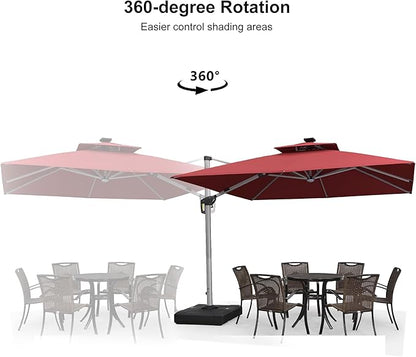 PURPLE LEAF 10 Feet Solar Powered LED Square Cantilever Umbrella With Base Patio Umbrellas Windproof Hanging Outdoor Umbrellas Offset Umbrella, Terra