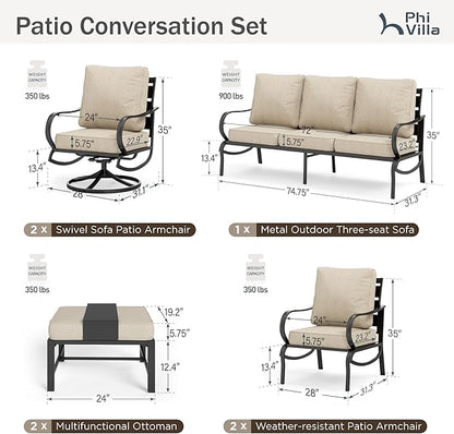 PHI VILLA 7 PCS Patio Furniture Set,Metal Outdoor Furniture with 1x 3 Seater Cushioned Deep Seating Bench Sofa, 2 Swivel Chair, 2 x Leg Chairs & 2 Ottoman,Outdoor Seating for 7 Person
