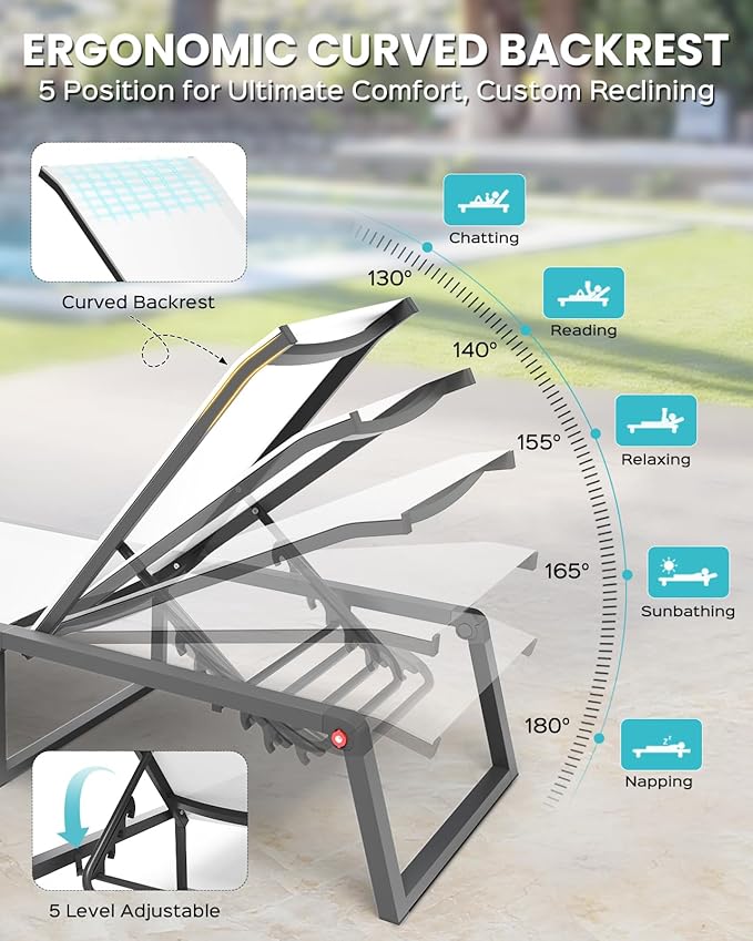 Aluminum Chaise Lounge Outdoor Set of 2, Foldable & Assembly Free Patio Pool Lounge Chairs 5-Position Recliner for Outside Poolside, Fully Grounded Legs Sun Lounger for Beach, Yard, White