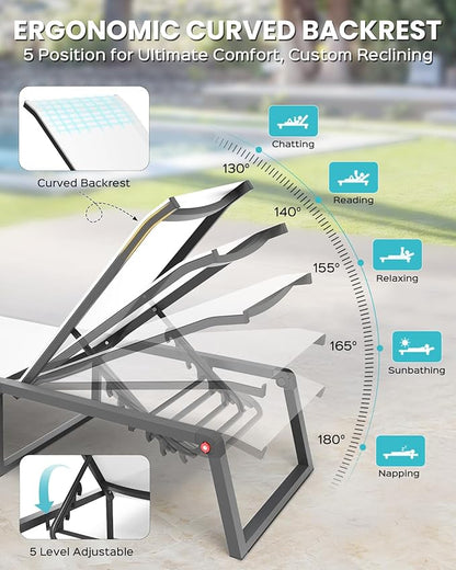 Aluminum Chaise Lounge Outdoor Set of 2, Foldable & Assembly Free Patio Pool Lounge Chairs 5-Position Recliner for Outside Poolside, Fully Grounded Legs Sun Lounger for Beach, Yard, White
