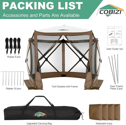 COBIZI 10x10ft Pop up Gazebo Screen House Tent for Camping, Pop-up Camping Canopy with Sidewalls,Portable Outdoor Quick-Set Hub Tent with Carrying Bag&Ground Stakes,Brown(Upgraded 2.0)