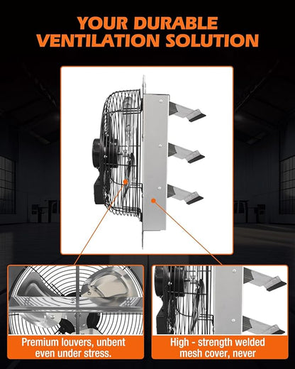 JVO 12 Inch Shutter Exhaust Fan 1450 CFM High-Powered Ventilation, Ideal for Attics, Greenhouses, Garages and Chicken Coops - Wall Mount for Easy Installation (12 inch Fan Wtih Power Cord)