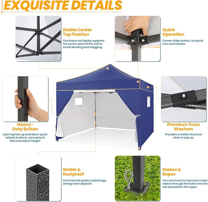 COBIZI Canopy Tent 10x10 Pop Up Canopy, Easy Setup Canopy with Sidewalls Waterproof & UPF 50+, Heavy Duty Commercial Instant Craft Fair Tent for Party, Event, Vendor, Farmer Market(D Bluei)