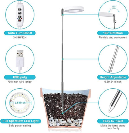 Halo Ring Grow Lights for Small Indoor Plants, Warm+White 48LEDs Full Spectrum Plant Light, Height Adjustable with 5V 2A Adapter, 3/9/12H Timer, 3 Spectral Modes, 10 Dimmable Levels, Angel Ring 1 Pack