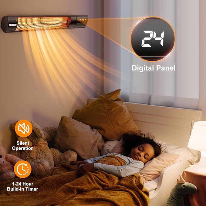 YESERLl Electric Patio Heater with Remote Control- 1500w Outdoor Heater Fast Heating with 3 Power Setting, Wall Mounted Carbon Infrared Quiet - IP65 Waterproof and 24H Timer for Snow Outdoor