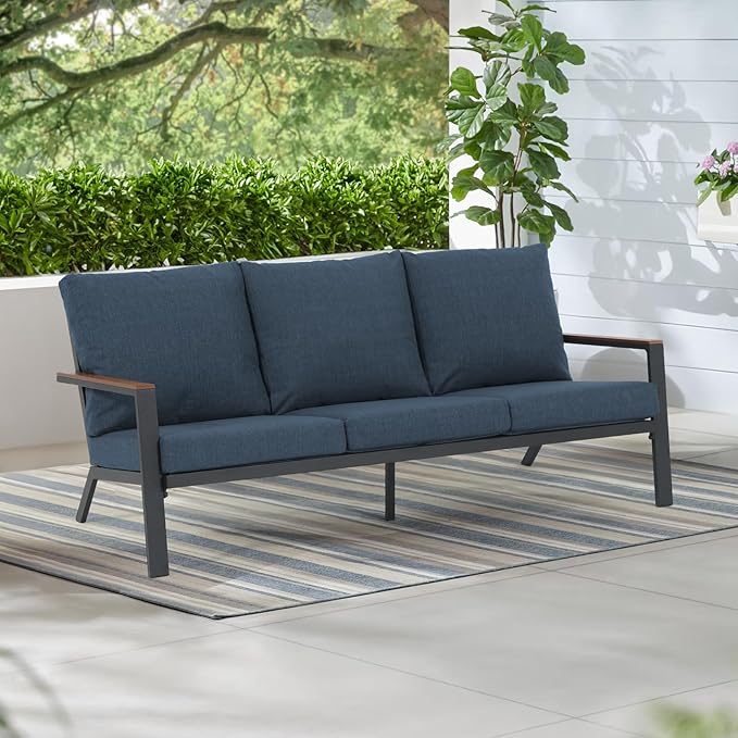 Soleil Jardin Aluminum Patio Furniture 3-Seater Couch, Outdoor 3 Seats Sofa with FSC Certified Solid Wood Top, Outdoor Conversation Set 3 Seater Deep Seating w/Removable Cushion, Denim Blue