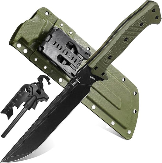 Machete w Kydex Sheath, 15'' Camping Machetes for Cutting Trees Heavy Duty,DC53 Steel Blade - 62 HRC, Full Tang Survival Machete w Firestarter, Non-Slip Handle, Ideal for Yard Work, Hunting,Outdoor