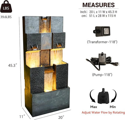 44.8" H Modern Outdoor Water Fountain with LED Lights and Pump, Mutiply-Tier Standing Cascading Waterfall - Modern Design for Garden,Patio,Yard, Multi-Level Outdoor Decor (Gray)
