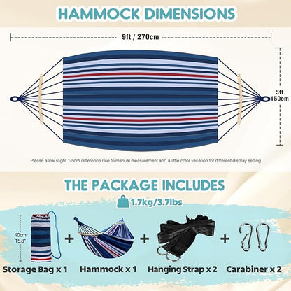 Anyoo Garden Cotton Hammock Comfortable Fabric Hammock with Spreader Bar Sturdy Hammocks Up to 450lbs Portable Lightweight Hammocks with Travel Bag for Camping Outdoor/Indoor Patio Backyard