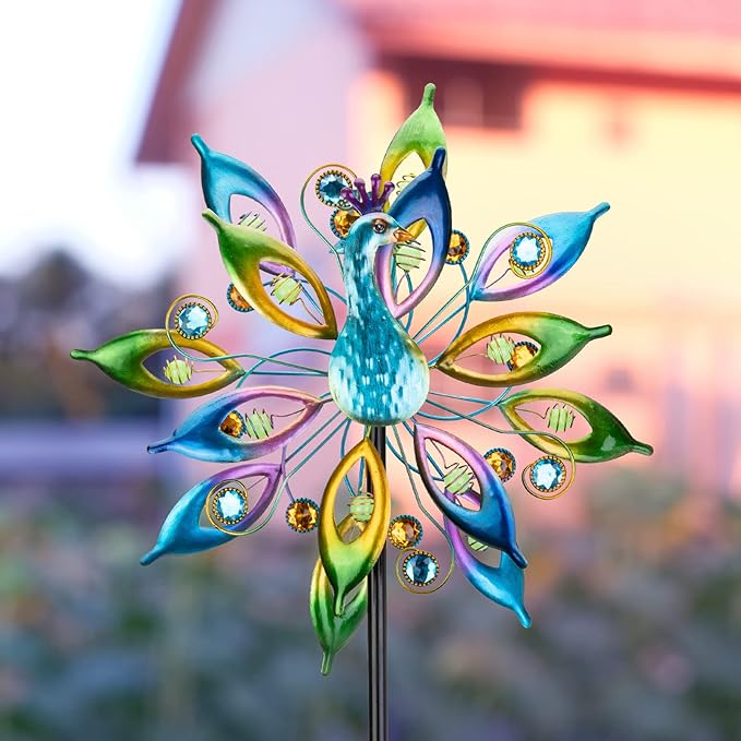 DREAMYSOUL Outdoor Peacock Wind Spinners with Gem Decor, 13" D*65" H Double Sided Kinetic Wind Sculptures & Spinners, Metal Wind Spinners for Yard and Garden