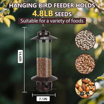 Metal Bird Feeder for Outdoors, Hanging Squirrel Proof Bird Feeders for Outside with 4.8 Lb Capacity, 4 Ports Tube Wild Birdfeeders for Garden Yard Decoration Viewing Cardinal, Weather-Resistant