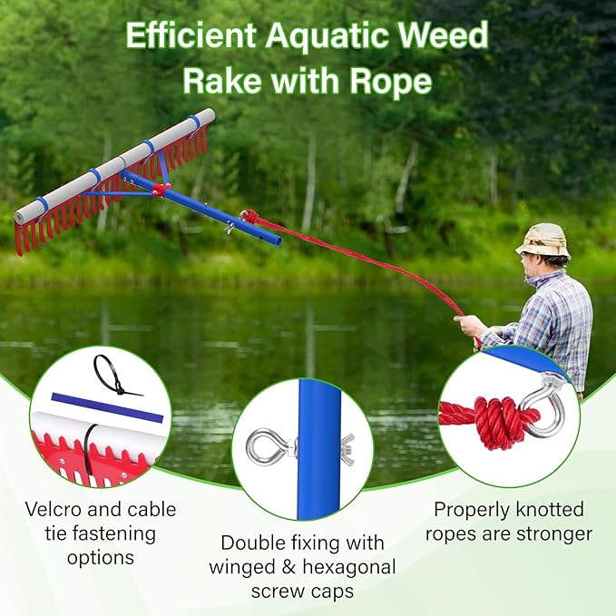 Lake Rake,Pond Rake Aquatic Weed Rakes,Large Heavy Duty Aluminum Aquatic Rakes with 7" Metal Tines 11FT Extension Handle,26FT Rope and Float for Removal of Weeds,Leaves(Patents Pending)