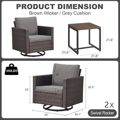 Outdoor Swivel Rocker Chairs, Patio Swivel Chair Set, Two Swivel Patio Wicker Chairs with One Side Table, Brown/Grey