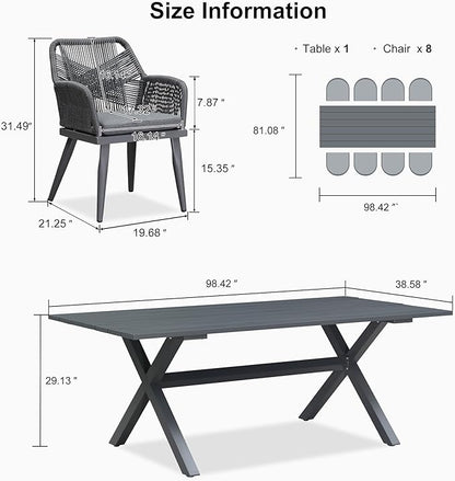 PURPLE LEAF Outdoor Patio Dining Set All-Weather PE Rattan Furniture Set with All Aluminum Frame Rectangular 9 Pieces Table and Chairs Set for 8 People Lawn Garden Backyard Deck, Grey