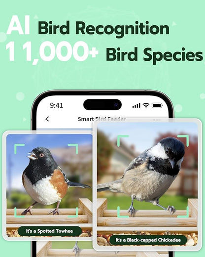 Bird Feeder with Camera, Smart Bird Feeder for Outdoors, Wild Birds Feeders with Solar Panel Bamboo Birds House Camera for Birdlovers, AI Auto Capture Birds & Real-time Notification (Gable)