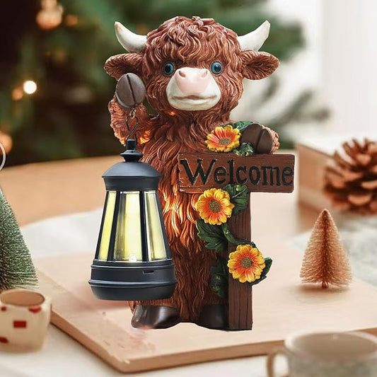 Solar Highland Cow Garden Decor - Outdoor Waterproof Resin Statues with LED Lights, Solar Patio Figurines for Yard & Lawn (1-Pack, Auto On/Off)