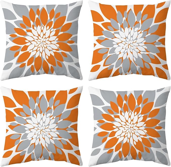 Qahing Pack of 4 Fall Outdoor Waterproof Pillow Covers 20x20 Decorative Outdoor Throw Pillows Garden Square Cushion Cases for Patio Furniture, Couch, Tent Sunbrella, Bench, Orange Grey