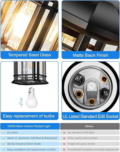 VIANIS Outdoor Pendant Lights for Porch, Black Exterior Hanging Lanterns Outdoor, Aluminum Farmhouse Ceiling Light Fixture, Waterproof Tempered Seed Glass Chandelier for Gazebo