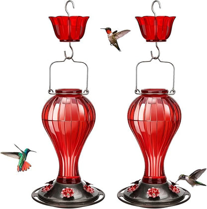 Kingsyard 2 Pack Glass Hummingbird Feeder 24 Ounces, 6 Feeding Ports, Hanging Bird Nectar Feeder for Outdoors Garden Yard Décor, Ant Moat Included, Red