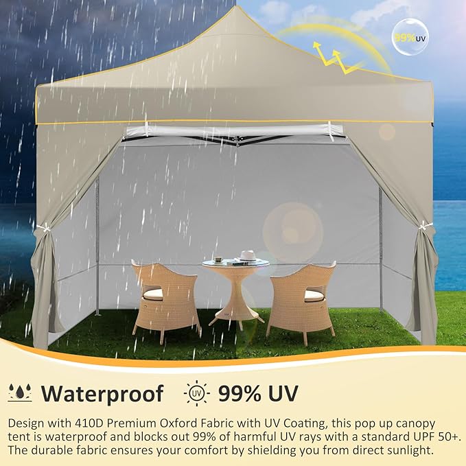 COBIZI 10x10 Pop Up Canopy Tent, Easy Setup Canopy with Sidewalls Waterproof & UPF 50+, Heavy Duty Commercial Instant Craft Fair Tent for Party, Event, Vendor, Farmer Market(Khaki)