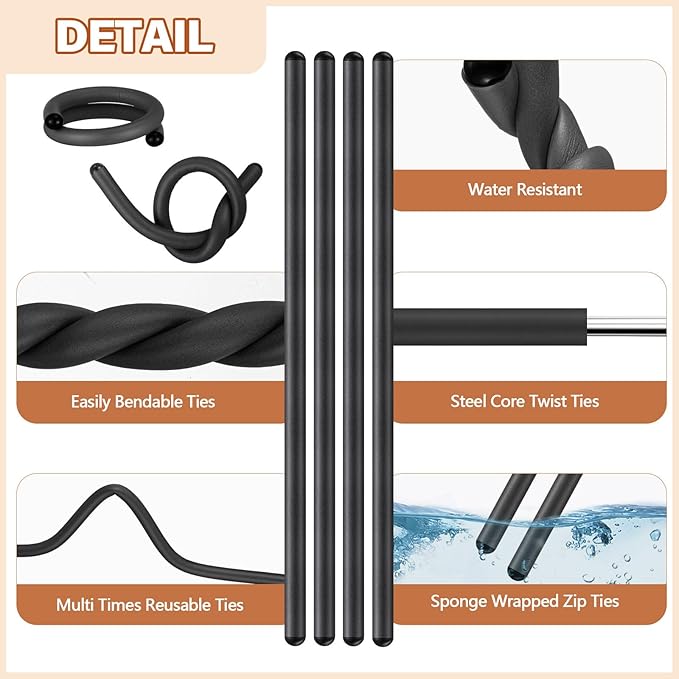 20 Pcs 17 Inch EVA Foam Twist Rubber Ties Reusable Bendable Cable Tie Straps Flexible Heavy Duty Twisty Ties for Organizing Cords Bundling (Black)
