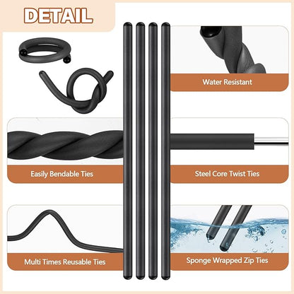 20 Pcs 17 Inch EVA Foam Twist Rubber Ties Reusable Bendable Cable Tie Straps Flexible Heavy Duty Twisty Ties for Organizing Cords Bundling (Black)
