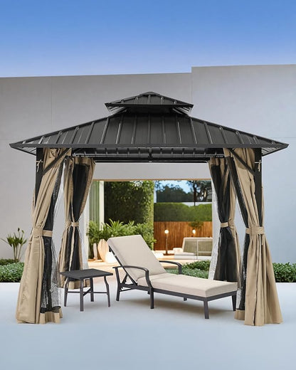 12' x 12' Hardtop Gazebo, Aluminum Frame Patio Hardtop Gazebos with Netting and Curtain, Outdoor Patio Pergola, Outdoor Patio Gazebo with Double Metal Roofs for Lawns, Garden, Deck, Sandstone