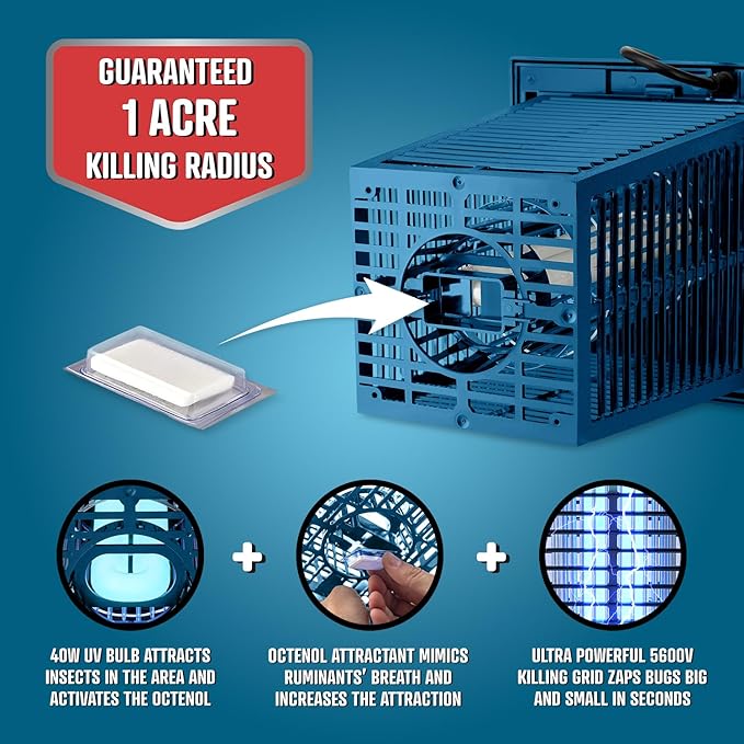Flowtron Bug Zapper, 1 Acre of Outdoor Coverage with Powerful 40W Bulb & 5600V Instant Killing Grid, Electric Insect, Fly & Mosquito Zapper, Made in The USA - Blue Color
