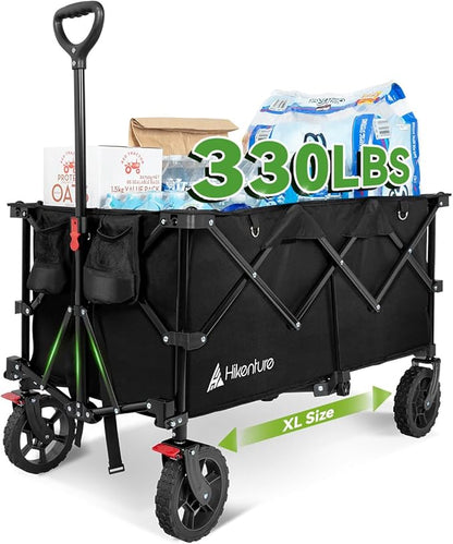Hikenture 330lbs Collapsible Wagon Cart, Ultra-Large Wagons Carts Foldable Heavy Duty, Utility All Terrain Folding Wagon with Wheels for Groceries, Garden, Sports, Beach, Shopping, Black