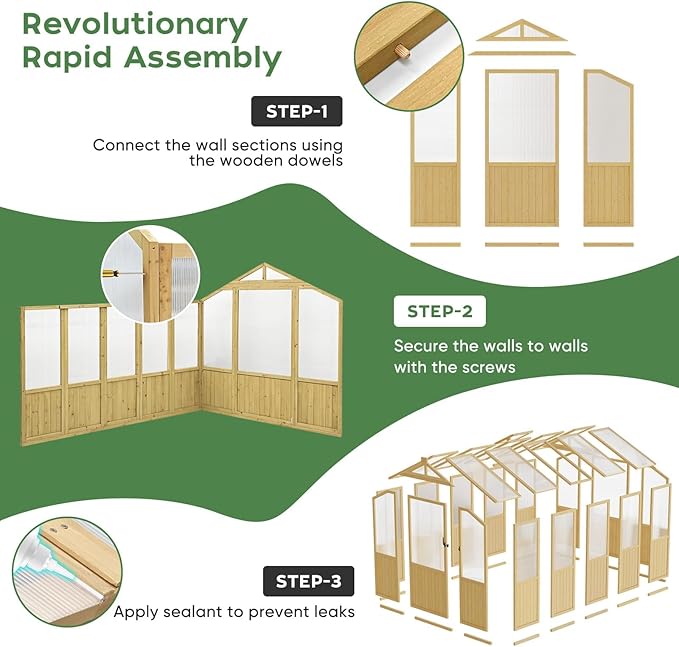 6*8 FT Wood Outdoor Greenhouse Kit, Greenhouses for Outdoors Heavy Duty with Adjustable Roof Vent and Shelves, Walk in Polycarbonate Greenhouse for Outside Garden & Backyard, Light Honey