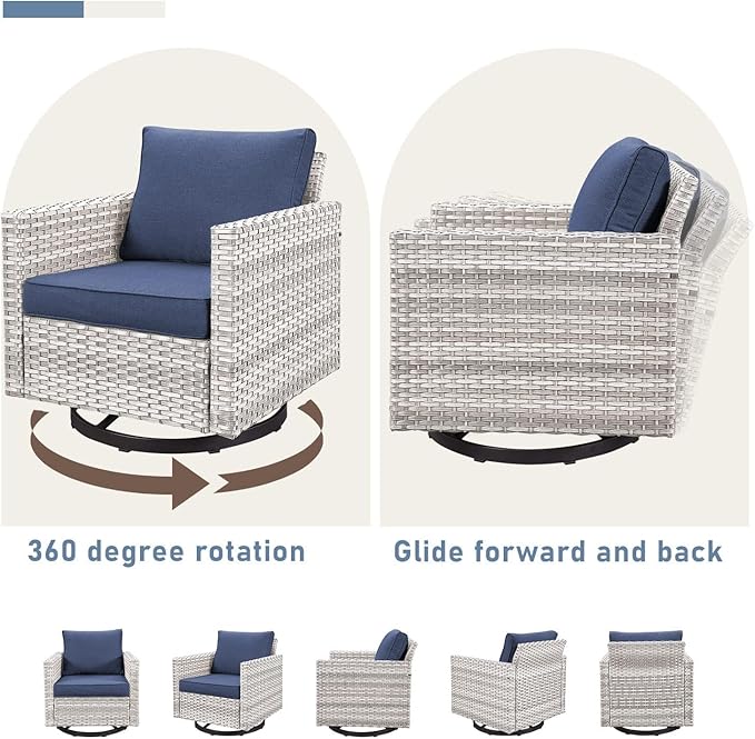 Wicker Outdoor Swivel Chairs Set of 4 with Fire Pit Table, 5 Pieces Patio Furniture Set with Fire Pit Table for Yard, Deck, Garden, Light Beige/Blue