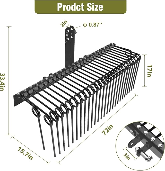 GAOMON 72 Inch Pine Straw Rake, 30 Coil Spring Tines Durable Powder Coated Steel Tow Behind Landscape Rake with 3 Point Hitch Receiver Attachment Fit to Cat0 Cat 1 Tractors for Leaves Grass, Black